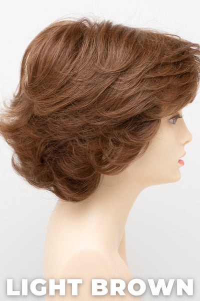 Color Swatch Light Brown for Envy wig Savannah.  Light brown base with warm golden undertones and reddish brown highlights.