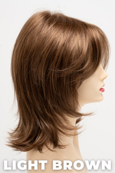 Color Swatch Light Brown for Envy wig Rose.  Light brown base with warm golden undertones and reddish brown highlights.