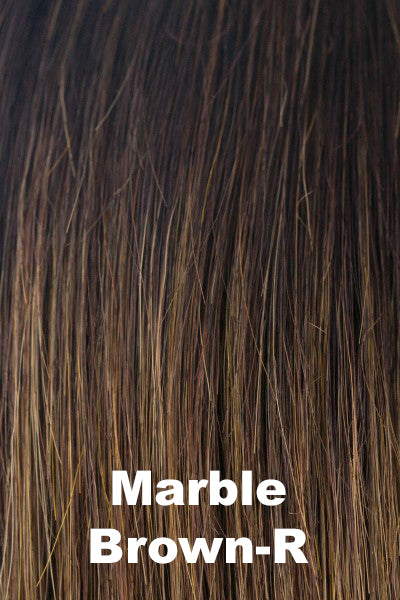Color Marble Brown-R for Noriko wig Zeal #1725. Warm dark brown and medium golden blonde mix with warm dark brown roots.