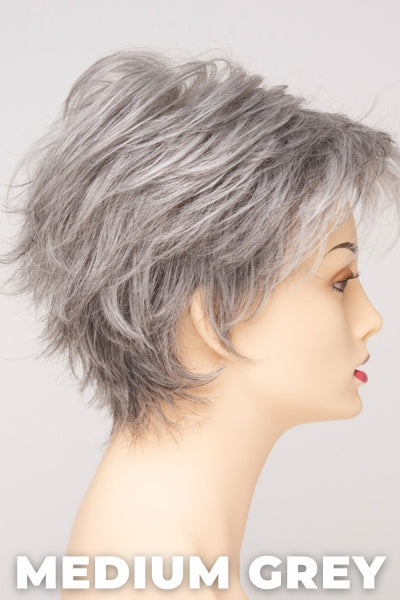 Color Swatch Medium Grey  for Envy wig Ophelia Human Hair Blend.  A silvery blend of salt and pepper with medium brown woven throughout.