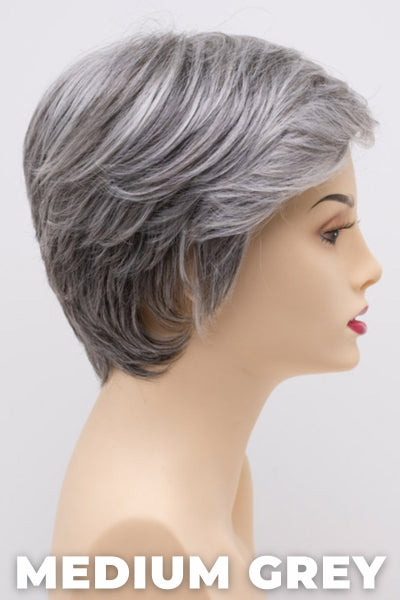 Color Swatch Medium Grey for Envy wig Paula Human Hair Blend.  A silvery blend of salt and pepper with medium brown woven throughout.