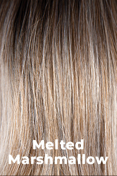 Color Melted Marshmallow for Noriko wig Zeal #1725. Golden blonde and strawberry blonde base gradually blending to a cool blonde tip and dark brown roots.