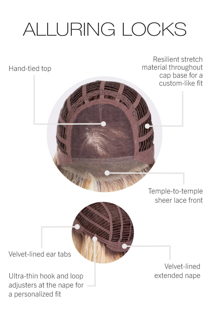 Cap construction diagram showing that Alluring Locks has a monofilament top, wefted sides and back and an extended lace front. 