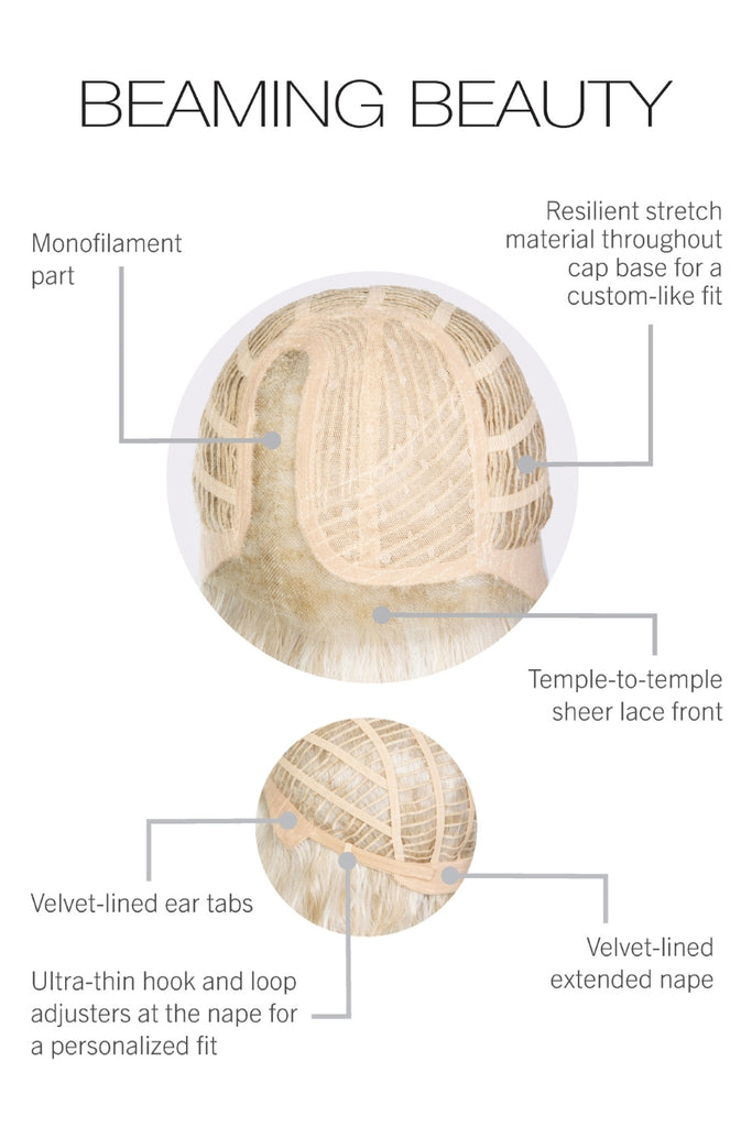 Cap construction of Beaming Beauty showing the monofilament part, extended lace front and wefted sides and back.