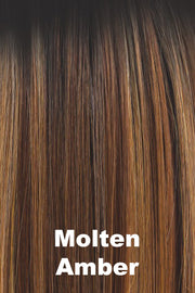 Color Molten Amber for Orchid wig Kirby (#4114). Dark brown root melting into a chestnut and deep copper base with creamy golden blonde highlights.