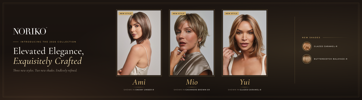 Introducing the 2026 collection by Noriko. Elevated elegance, and exquisitely crafted. Three new styles, two new shades, and endlessly refined. New style Ami shown in Snowy Umber-R. New style Mio shown in Cashmere Brown-SR. New style Yui shown in Glazed Carmel-R. New Shaded Glazed Caramel-R and Butterscotch Balayage-R.
