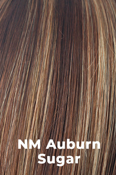 Color NM Auburn Sugar for Noriko wig Merrill #1726. A mix of red and medium auburn brown base with a copper undertone and golden blonde, cherry blonde and smokey blonde chunky highlights.