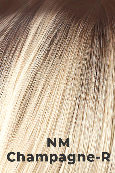 Color NM Champagne-R for Noriko wig Merrill #1726. Creamy blonde base with a golden blonde hue and a warm medium blonde rooting.