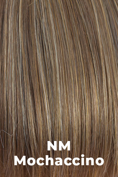 Color NM Mochaccino for Noriko wig Merrill #1726. Rich medium warm brown base with cream and ice coconut blonde highlights and a chocolate undertone.
