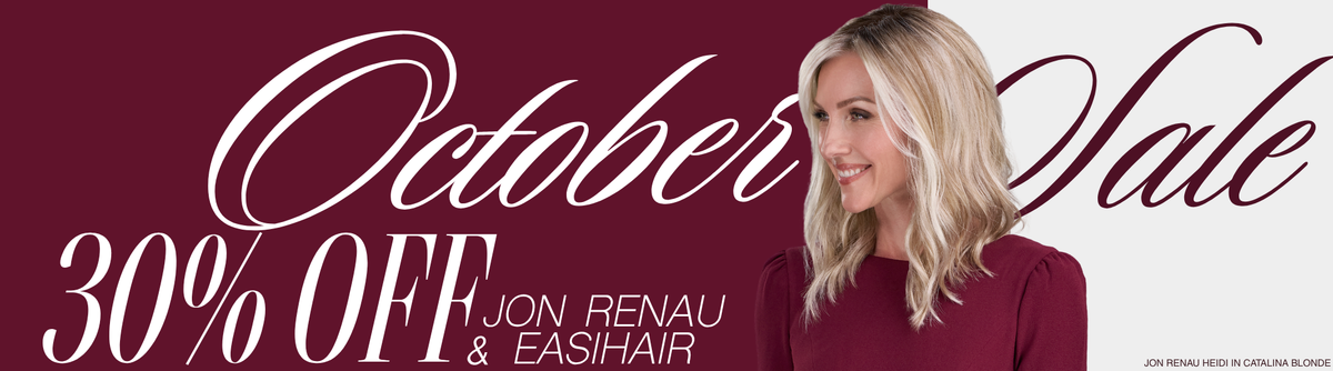 October Sale! Enjoy 30% off Jon Renau and EasiHair. Model wearing the style Heidi by Jon Renau in the color Catalina Blonde.							