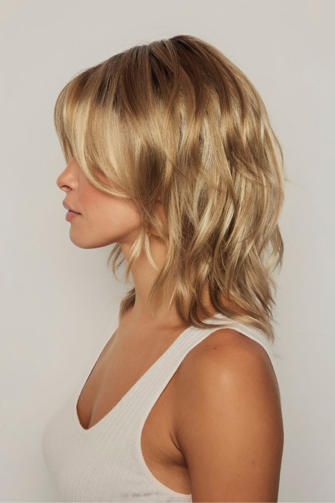 Side of model wearing the color Creamy Toffee-R.