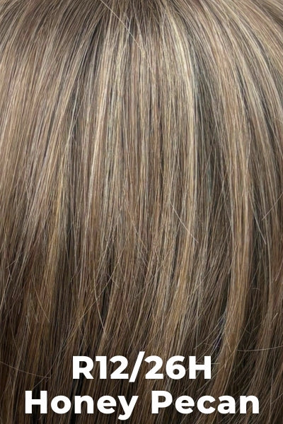 Color Honey Pecan (R12/26H) for Raquel Welch wig Voltage.  Light brown base with dark strawberry blonde highlights.