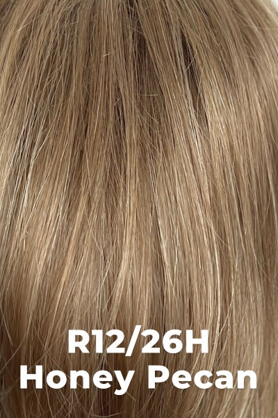 Color Honey Pecan (R12/26H) for Raquel Welch wig Ahead Of The Curve.  Light brown base with dark strawberry blonde highlights.
