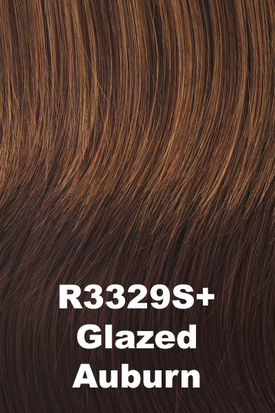 Color Glazed Auburn (R3329S+) for Raquel Welch wig Trend Setter Large.  Dark chestnut brown base with auburn and copper highlights.