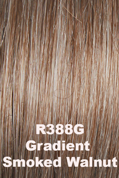 Raquel Welch Wigs - Winner Premium - Gradient Smoked Walnut (R388G). Light Brown w/ 80% Gray throughout the front, crown & sides, gradually blend into darker nape w/ 50% light Brown/Grey mix.