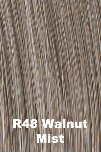 Raquel Welch Toppers - Aperitif - Walnut Mist (R48). Light Brown w/ 80% Gray in front graduating blend into 50% Gray in nape area.