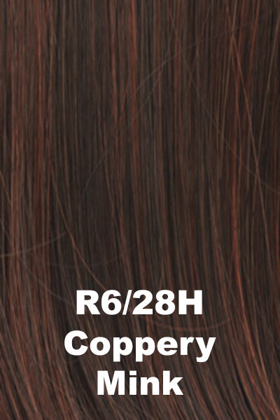 Color Coppery Mink (R6/28H) for Raquel Welch wig Trend Setter Large.  Dark medium brown with bronze copper highlights.
