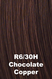 Color Chocolate Copper (R6/30H) for Raquel Welch Top Piece Top Billing 16" Human Hair.  Rich dark chocolate brown with medium auburn highlights.