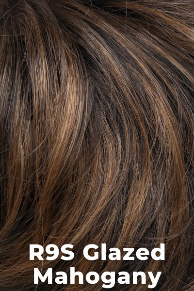 Color Glazed Mahogany (R9S) for Raquel Welch wig Salsa.  Dark brown base with a reddish brown undertone and golden brown highlights.