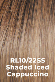 Color Shaded Iced Cappuccino (RL10/22SS) for Raquel Welch wig Flying Solo.  Medium brown roots blending into a light brown base and cool blonde highlights.