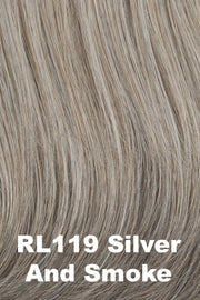 Color Silver & Smoke (RL119) for Raquel Welch wig Bella Vida.  Walnut brown and grey blend with a dark nape.