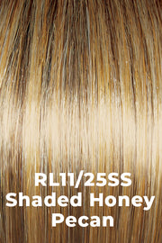 Color Shaded Honey Pecan (RL11/25SS) for Raquel Welch wig Bella Vida.  Rich light brown with golden highlights and dark rooting.