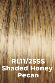 Color Shaded Honey Pecan (RL11/25SS) for Raquel Welch wig Stay the Night.  Rich light brown with golden highlights and dark rooting.