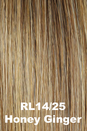 Color Honey Ginger (RL14/25) for Raquel Welch wig Black Tie Chic.  Dark blonde undertones with honey and warm strawberry blonde highlights.