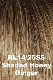 Color Shaded Honey Ginger (RL14/25SS) for Raquel Welch Top Piece Top Billing Wavy 14".  Medium brown roots gradually blending into a dark blonde base with golden blonde and honey blonde highlights.