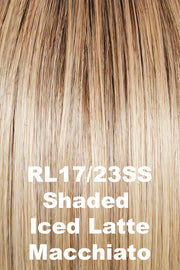 Color Shaded Iced Latte Macchiato (RL17/23SS) for Raquel Welch wig Black Tie Chic.  Medium brown roots blending into a honey blonde and platinum blonde base.