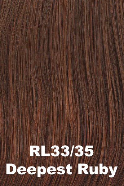Color Deepest Ruby (RL33/35) for Raquel Welch wig Black Tie Chic.  Dark auburn base with bright red highlights.