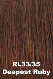 Color Deepest Ruby (RL33/35) for Raquel Welch Top Piece Top Billing Wavy 14".  Dark auburn base with bright red highlights.