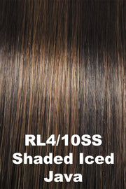 Color Shaded Iced Java (RL4/10SS) for  Simmer.  Dark brown with a cool undertone, light brown highlights, and dark brown roots.