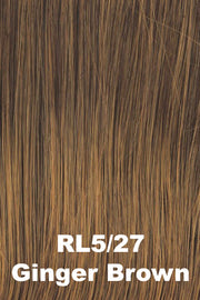 Color Ginger Brown (RL5/27) for Raquel Welch Top Piece Top Billing Wavy 14".  Medium brown with a golden undertone and medium golden blonde highlights.