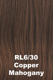 Color Copper Mahogany (RL6/30) for Raquel Welch wig Black Tie Chic.  Medium chestnut brown base blended with medium reddish brown highlights.