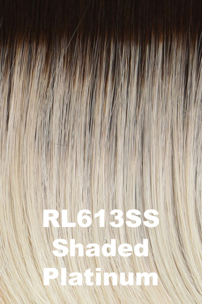 Color Shaded Platinum (RL613SS) for Raquel Welch wig Wavy Day.  Dark brown rooted platinum blonde base with a slight golden hue.