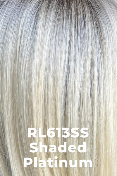 Color Shaded Platinum (SS613) for Raquel Welch wig Crushing on Casual. Warm platinum blonde base with dark brown roots.