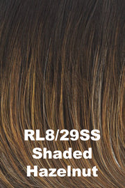 Color Shaded Hazelnut (RL8/29SS) for Raquel Welch wig Flying Solo.  Dark rooting blended into a medium brown base with honey and light copper blonde highlights.