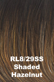 Color Shaded Hazelnut (RL8/29SS) for Raquel Welch wig Black Tie Chic.  Dark rooting blended into a medium brown base with honey and light copper blonde highlights.