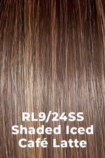 Color Shaded Iced Cafe Latte (RL9/24SS) for Raquel Welch Top Piece Top Billing Wavy 8". Ashy med Brown base w/ cool Blonde highlights and med Brown Rooting.