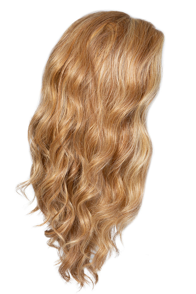 Side photo of the curly wig on a mannequin.