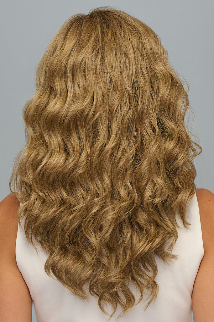 Back image of the long curly wig with soft layers.