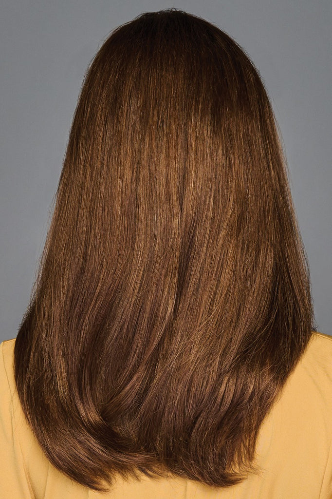 Model wearing Raquel Welch Top Piece Top Billing 16" Human Hair back view 5.