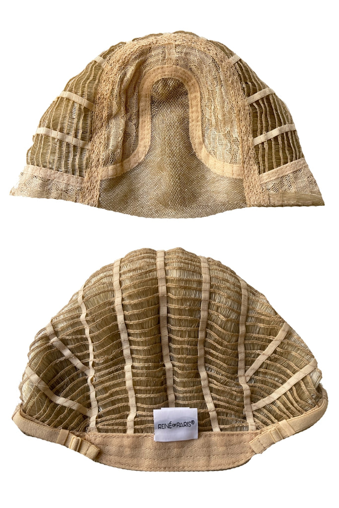 Front and back of Vero's cap constuction revealing a close up of the lace front and monofilament part cap.