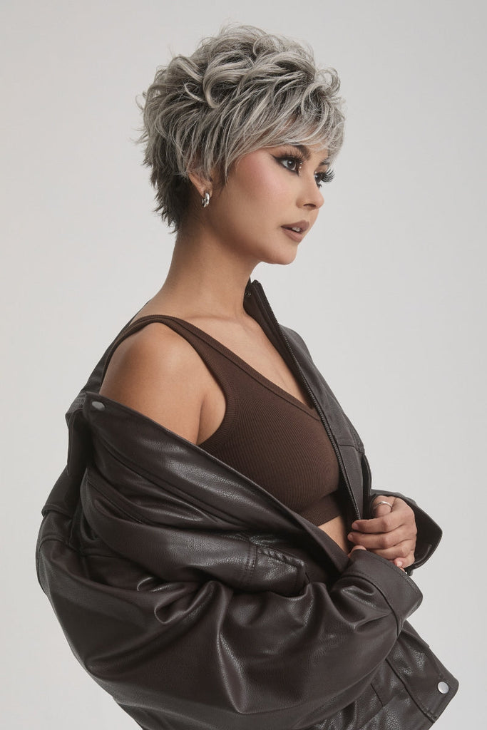 Woman wearing Luca in the color Silver Oyster by Rene of Paris. 