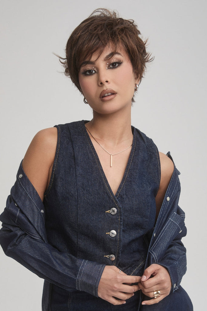 Woman wearing Luca by Rene of Paris in the color Spiced Brown.