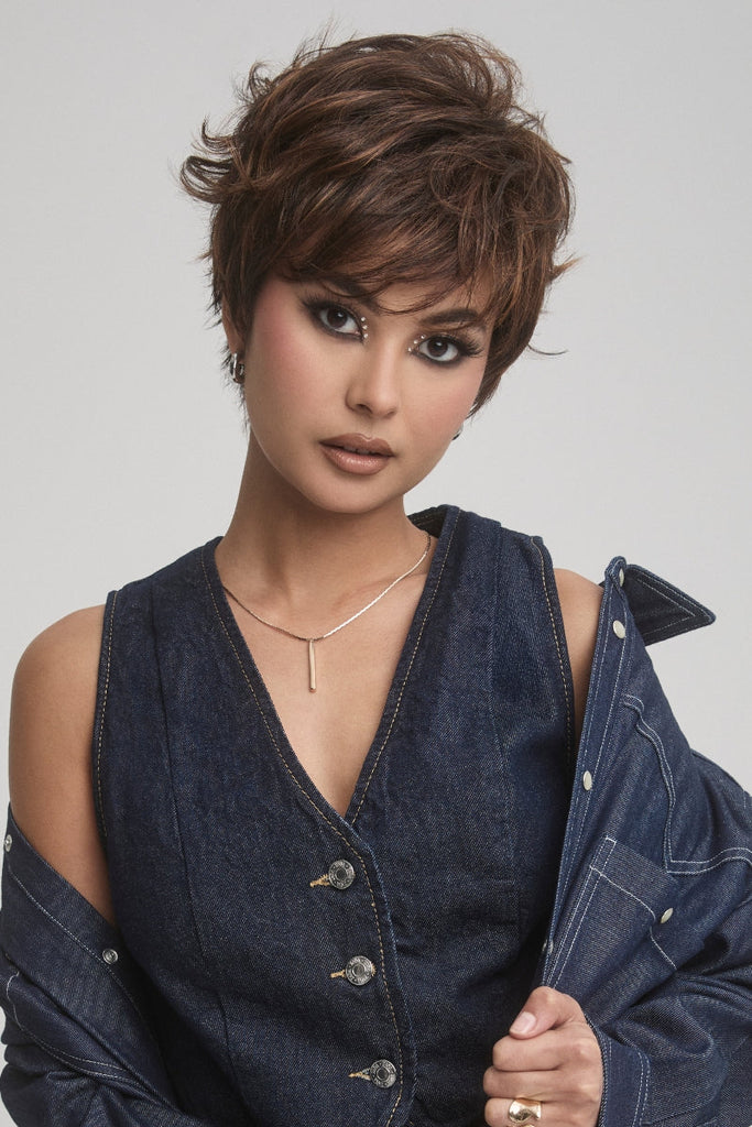 Model wearing the pixie cut wig by Rene of Paris.