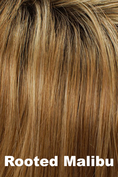Blend of golden blonde and light brown with dark brown roots