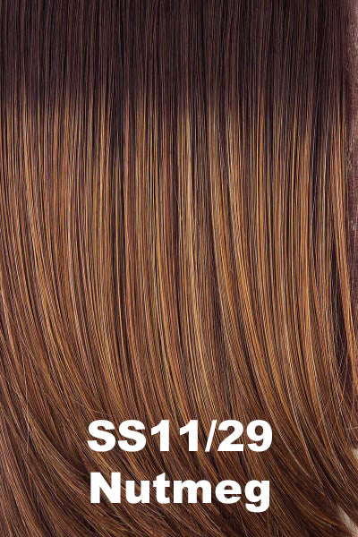 Color Shaded Nutmeg (SS11/29) for Raquel Welch wig Trend Setter Large.  Rooted warm medium brown with light ginger brown highlights.