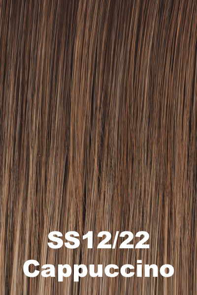 Color Shaded Cappuccino (SS12/22) for Raquel Welch wig Trend Setter Large.  Dark brown rooted medium brown with cool ashy toned platinum blonde highlights.